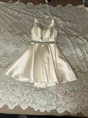 Satin Cream Mini Dress with Jeweled Waist